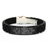 Minister Mom's Cool Glide lock Clasp Birthday Unique Gift, 'I Am A Minister Mom' Quote, Silver-Black Stainless Steel Silicone Adjustable Bracelet - Image 1